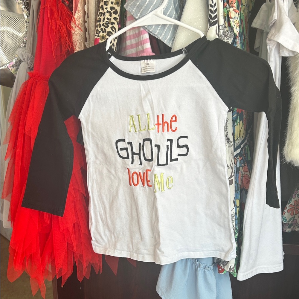 Black and White Raglan Tee with Halloween Print